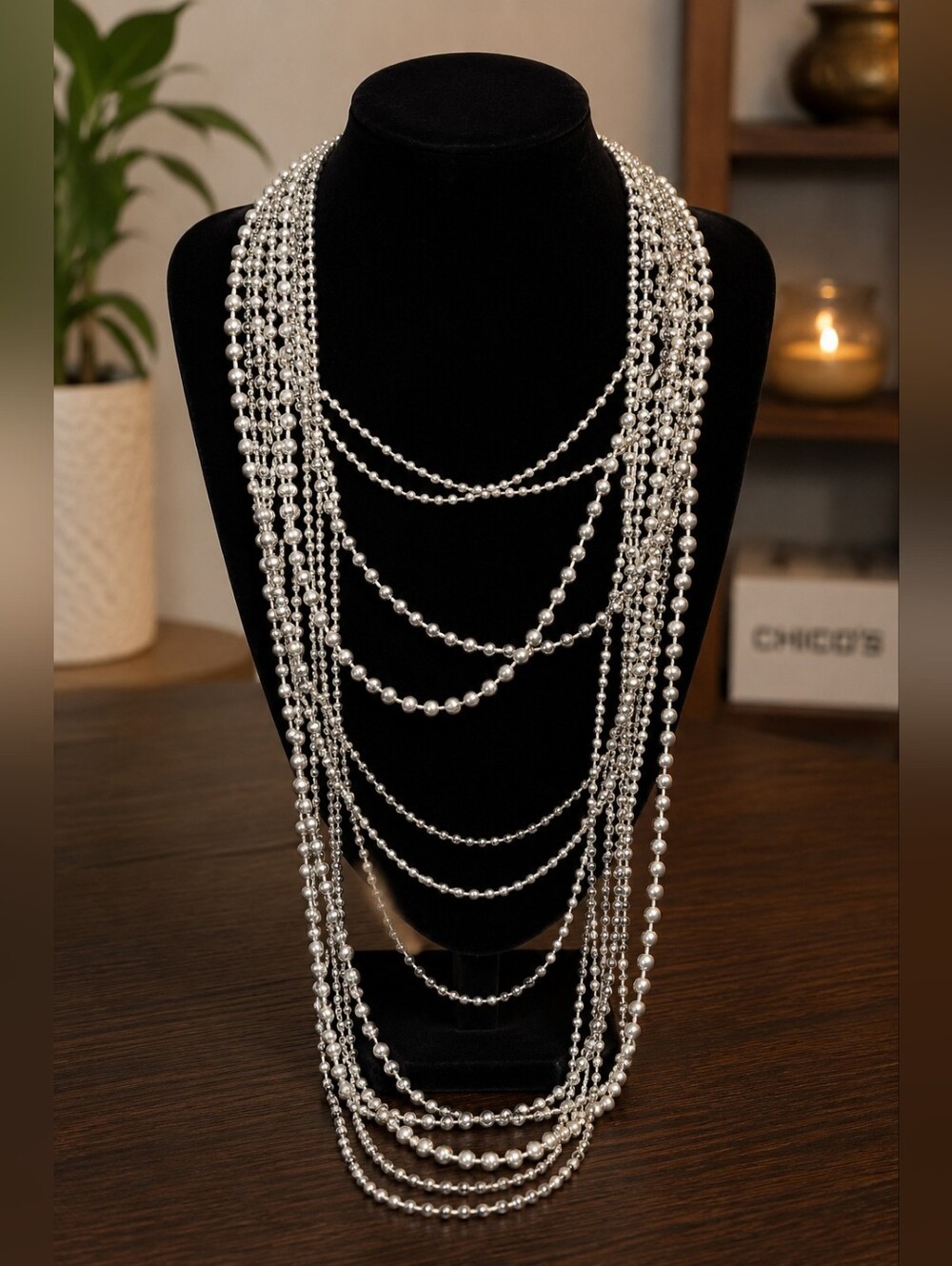 Chico's Silver Tone Multi-Strand Ball Chain Tassel Statement Necklace